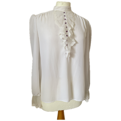 Vintage 1970s white chiffon blouse with lace trim jabot