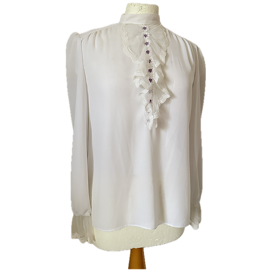 Vintage 1970s white chiffon blouse with lace trim jabot