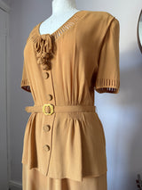 Amber yellow rayon art deco belted 1940s day dress