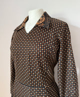 Dogtooth check black, brown and beige 1970s long sleeved day dress