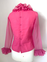 Bubblegum pink chiffon vintage 1960s ruffle neck blouse