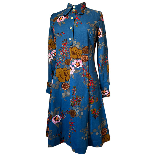 Steel blue 1970s beagle collar floral day dress