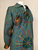 Pine green abstract firework print vintage 1970s day dress