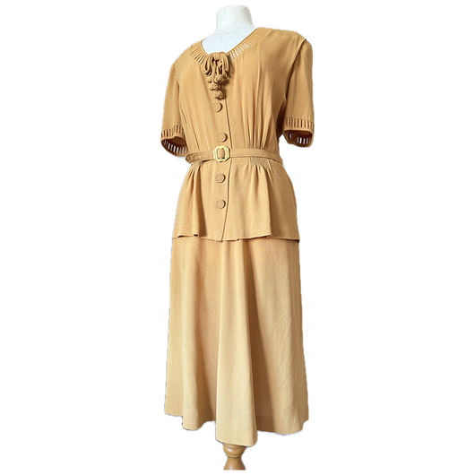 Amber yellow rayon art deco belted 1940s day dress