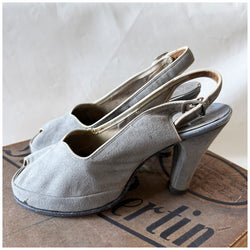 Pale grey suede 1940s peep toe slingback high heeled shoes