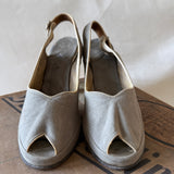 Pale grey suede 1940s peep toe slingback high heeled shoes