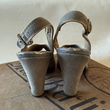 Pale grey suede 1940s peep toe slingback high heeled shoes