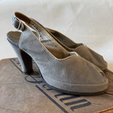 Pale grey suede 1940s peep toe slingback high heeled shoes