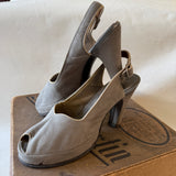 Pale grey suede 1940s peep toe slingback high heeled shoes