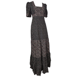 Robe maxi empireline à manches bouffantes en coton floral rouge et noir de la fin des années 1960