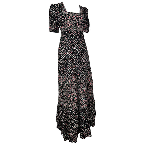 Red and black floral cotton puff sleeved late 1960s empireline maxi dress - Candy Says Vintage Clothing UK