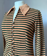 Tan, forest green and terracotta stripe vintage 1970s maxi dress