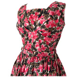 Pink and brown floral cotton vintage 1950s full skirted day dress