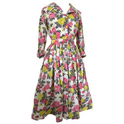 Pink and yellow rose print cotton 1950s vintage shirtwaister dress