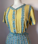 Lemon and blue floral cotton belted 1950s day dress with sunray pleat skirt