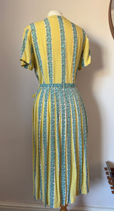 Lemon and blue floral cotton belted 1950s day dress with sunray pleat skirt