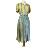Lemon and blue floral cotton belted 1950s day dress with sunray pleat skirt