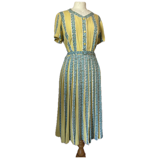 Lemon and blue floral cotton belted 1950s day dress with sunray pleat skirt