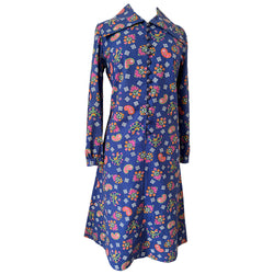 Indigo psychédélique paisley imprimé coton vintage fin des années 1960 robe de jour