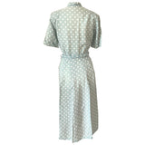 Pale turquoise and white polkadot rayon 1940s belted day dress