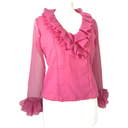 Bubblegum pink chiffon vintage 1960s ruffle neck blouse