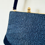Navy blue swiss lace and velvet vintage 1960s handbag