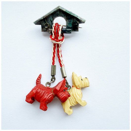 Art deco vintage 1930s-40s Scottie dogs and kennel brooch