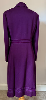 Elgee of London plum purple wool 1960s vintage coat with velvet trim and ties