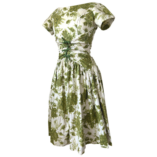 Robe de jour en coton vintage des années 1950 à imprimé rose vert olive et blanc avec bordure à nœud