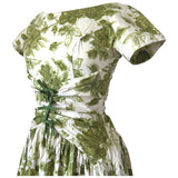 Olive green and white rose print vintage 1950s cotton day dress with bow trim
