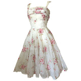 Ivory layered nylon vintage 1950s floral embroidered evening gown