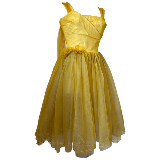 Robe de soirée vintage en maille superposée jaune doré des années 1950