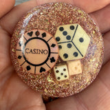 Vintage 1950s Casino Chip and Dice Lucite Glitter Brooch
