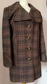 Harella brown plaid check vintage 1970s coat with oversized lapels