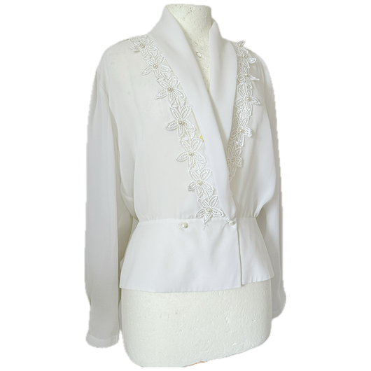 Sheer white chiffon vintage 1980s flower applique blouse
