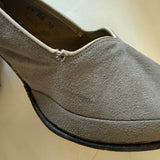 Pale grey suede 1940s peep toe slingback high heeled shoes