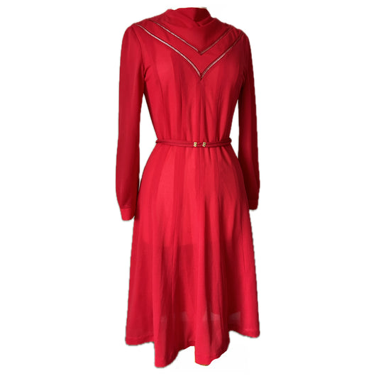 Fire engine red late 1970s belted day dress with chevron detail