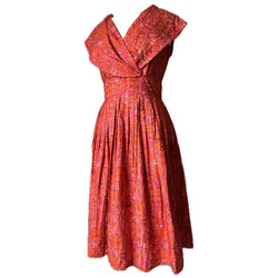 Orange and cerise cotton abstract print shawl collar 1950s day dress