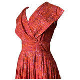 Orange and cerise cotton abstract print shawl collar 1950s day dress