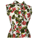 Vermilion red, green and white floral vintage 1950s cotton day dress