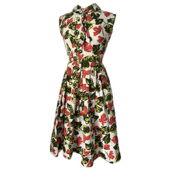 Vermilion red, green and white floral vintage 1950s cotton day dress