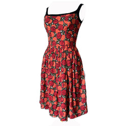 Abstract red and orange rose print vintage 1950s cotton day dress with inbuilt cups
