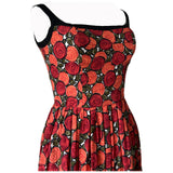 Abstract red and orange rose print vintage 1950s cotton day dress with inbuilt cups