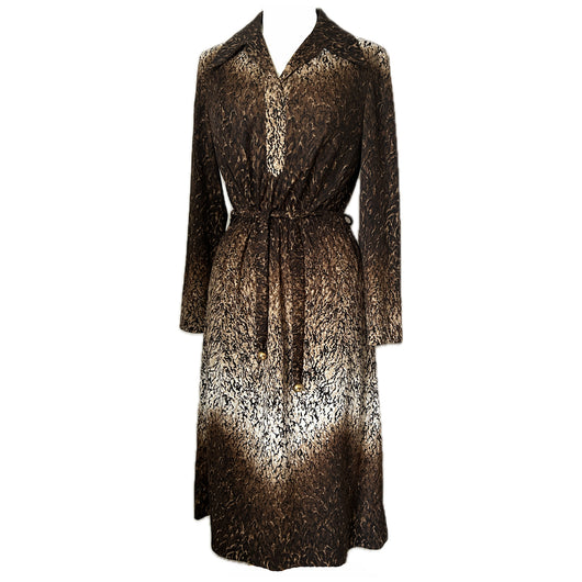 Brown mottled print vintage 1970s belted day dress