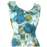 Teal and green rose print tricel vintage 1960s belted day dress