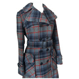 Grey tartan check wool vintage 1970s double breasted blanket coat