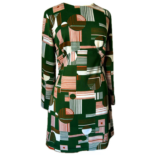 Forest green abstract patterned early 1970s mini dress