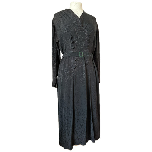 Vintage late 1930s black rayon jacquard day dress with art deco details