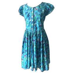 Vintage 1980s aqua tones daub print blue summer dress