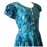 Vintage 1980s aqua tones daub print blue summer dress